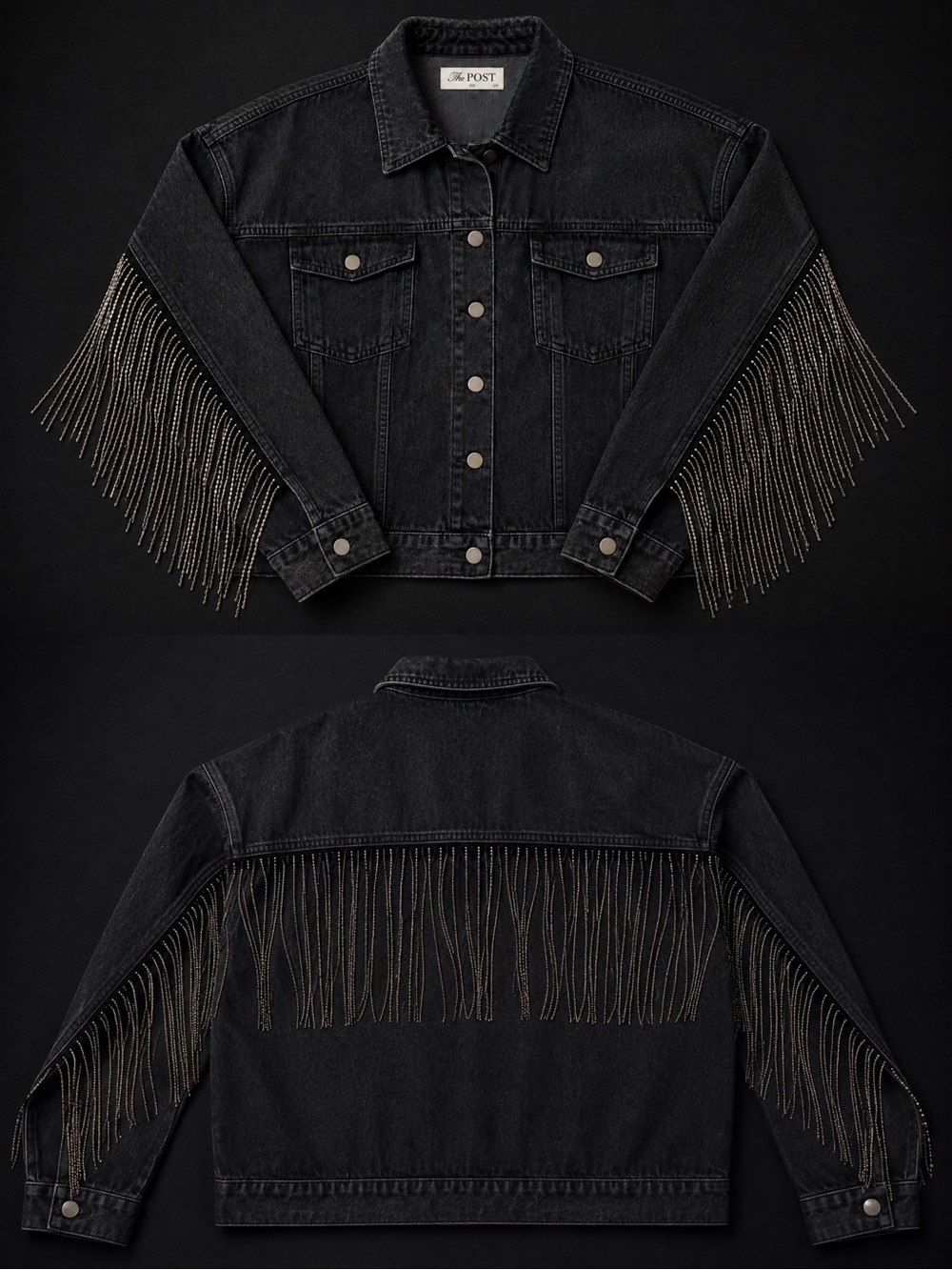 NEW - Black Washed Denim Jacket with Rhinestone Fringe